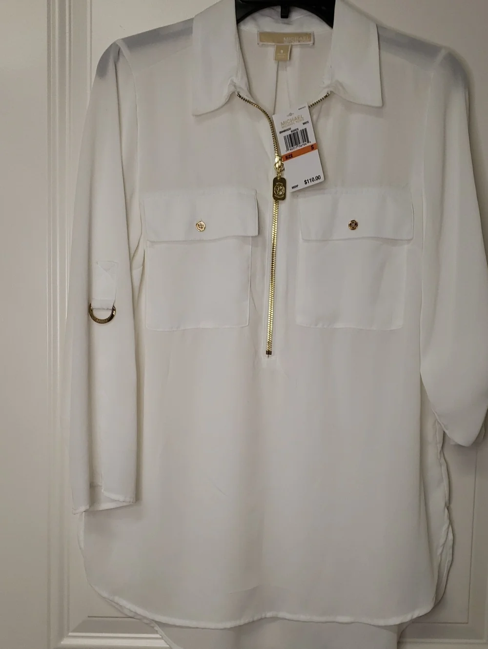 NWT Michael Kors White Blouse with Gold Zip and Logo Pull